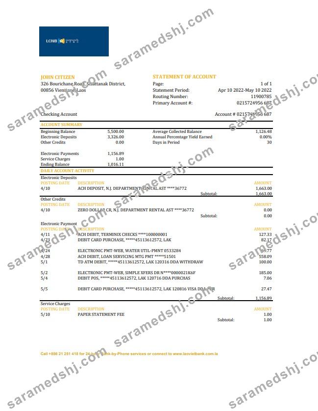 Laos LCNB Bank statement